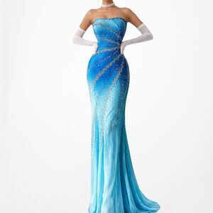 Vintage Y2K 90s Blue Ombre Beaded Strapless Bodycon Maxi Prom Dress Size S/M